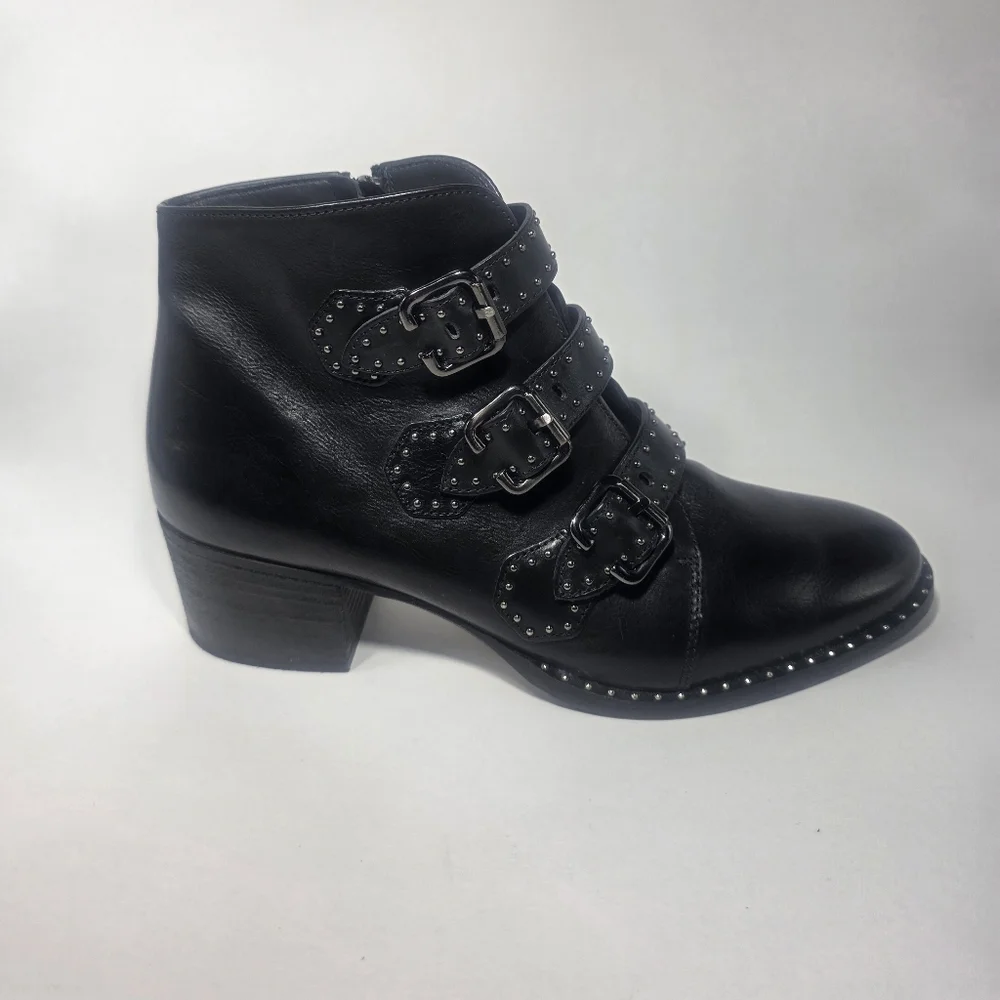 Paul Green Women’s Black Leather Studded Buckle Ankle Boots Size 5 Block Heel